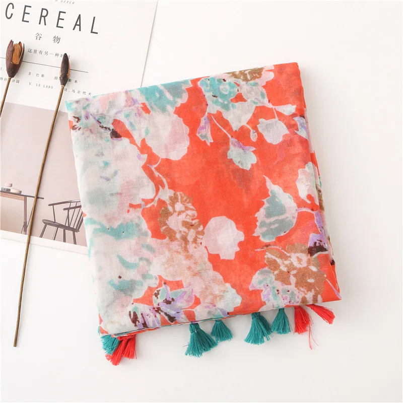 Женский шарф с цветочным принтом длинный оранжевый повязка на голову Осень зима