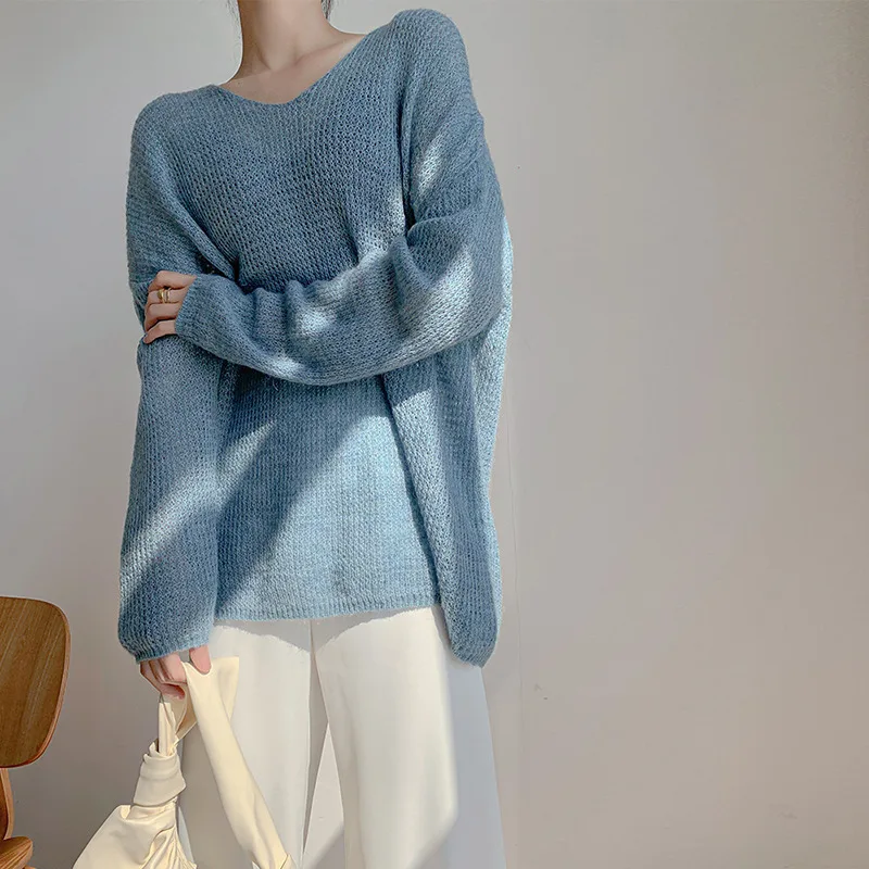 

Женский мохеровый свитер Limiguyue, Голубой свободный джемпер в японском стиле, с длинным рукавом и V-образным вырезом, Мягкий трикотажный топ дл...