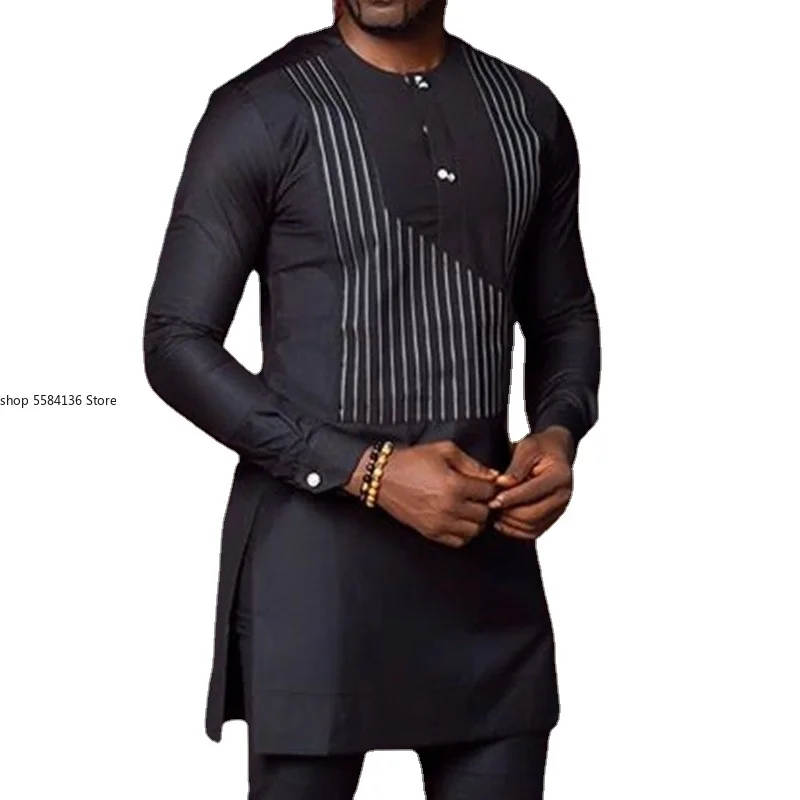 

Men's Long-Sleeve Shirt Printed Stripes African Traditional Dashiki Fashion Tops Men Muslim Clothes Plus Size T-shirt Male 2021