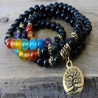 6mm black agate 7 color gemstone mala necklace 108 bead cuff pray monk hot chakas healing meditation fancy wristband yoga