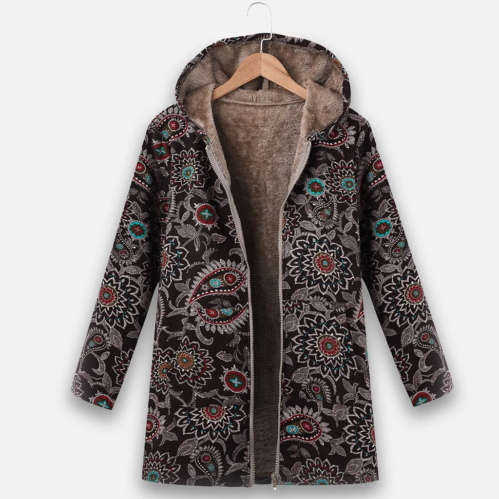 Женское винтажное пальто на молнии с этническим принтом флисовое капюшоном и