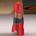 Платье ZANZEA женское хлопково-льняное с длинным рукавом, винтажный Повседневный длинный сарафан в стиле пэчворк, кафтан, осень 2021