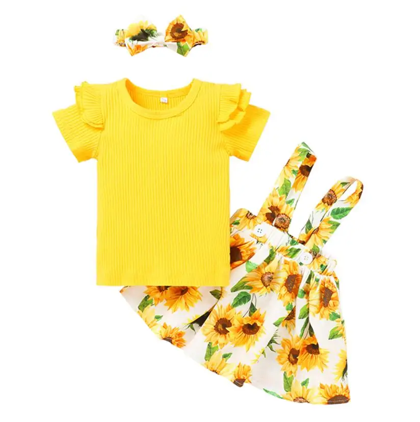 

Комплект детской одежды с цветочным принтом, вязаная футболка с коротким рукавом для маленьких девочек, топы, юбка на подтяжках, повязка на ...
