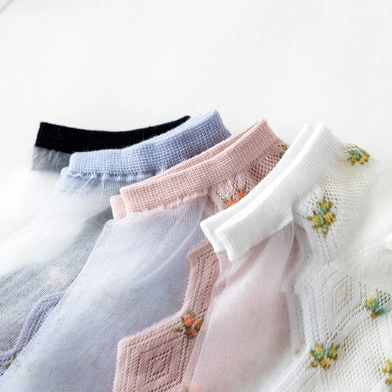 

5 Pair Breathable Ultra Ankle Socks Summer Women Transparent Lace Silk Crystal Flower Girls Elastic Short Socks Female Sox