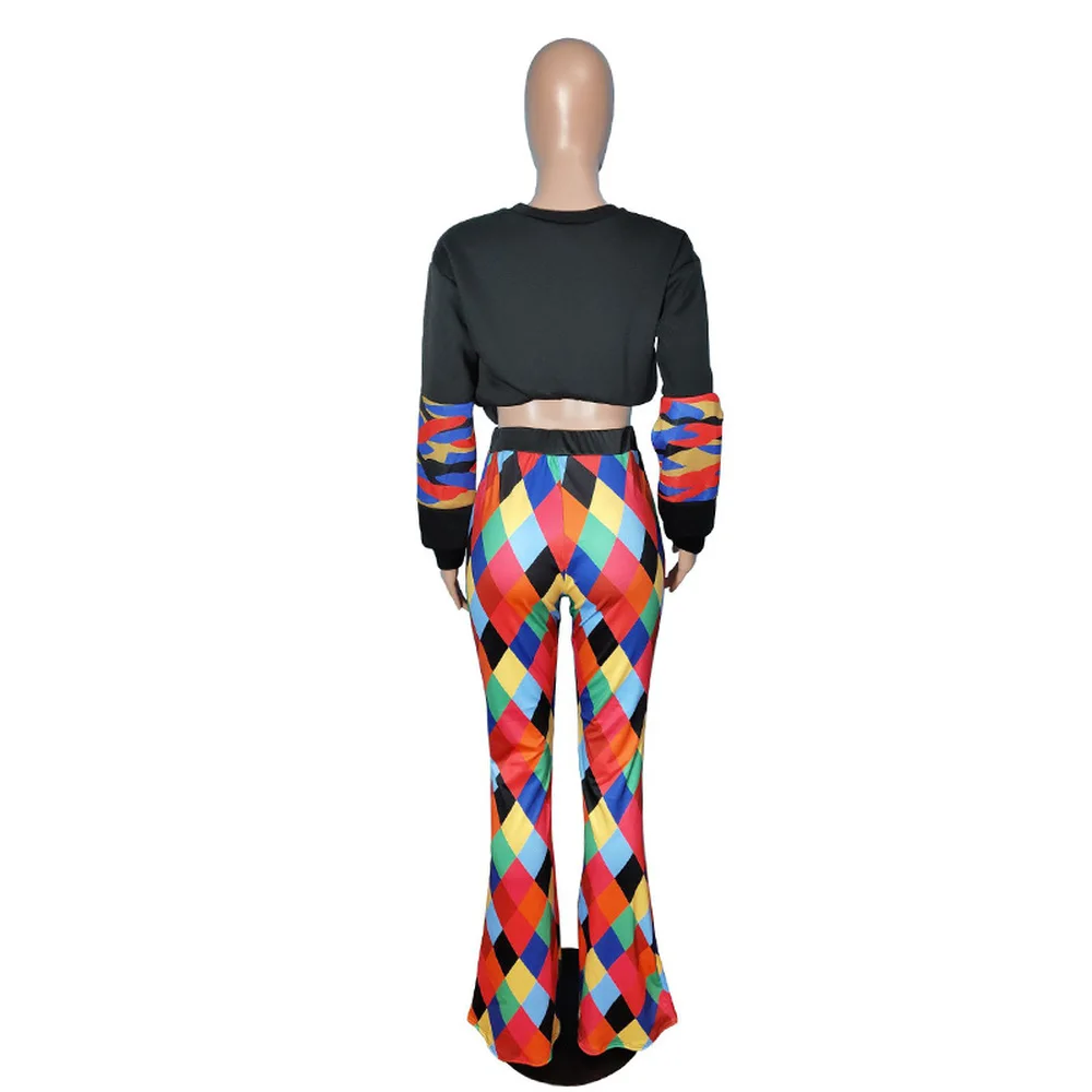 

Rainbow Plaid Print Sexy Bell Bottom Pant Women Fashion High Waist Stretchy Long Legging Autumn Female Push Up Wide Leg Bottoms