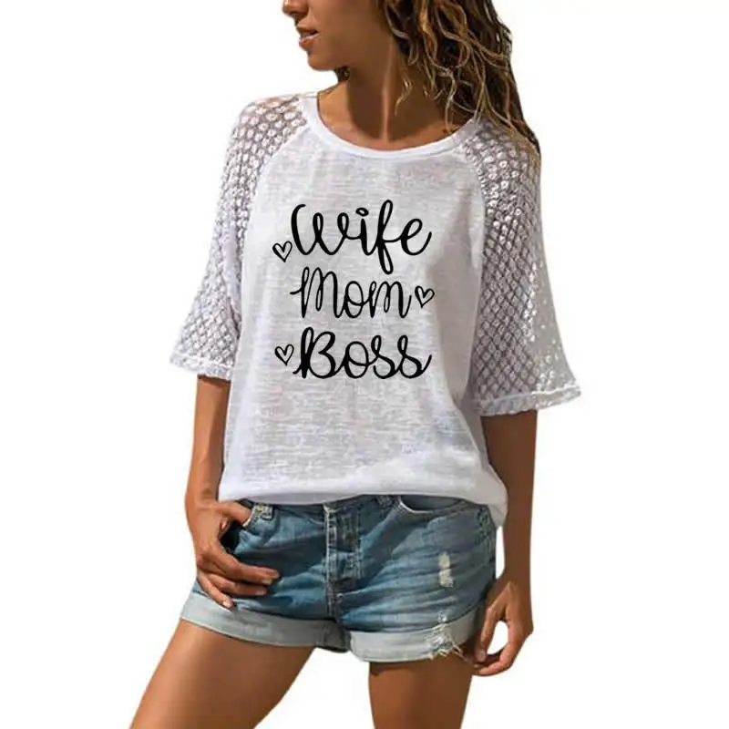 

Letters Print T-Shirt For Women Lace Crew Neck Three Quarter Sleeve T-Shirt Summer Kawaii Hipster T-Shirt Girl Cute Tops