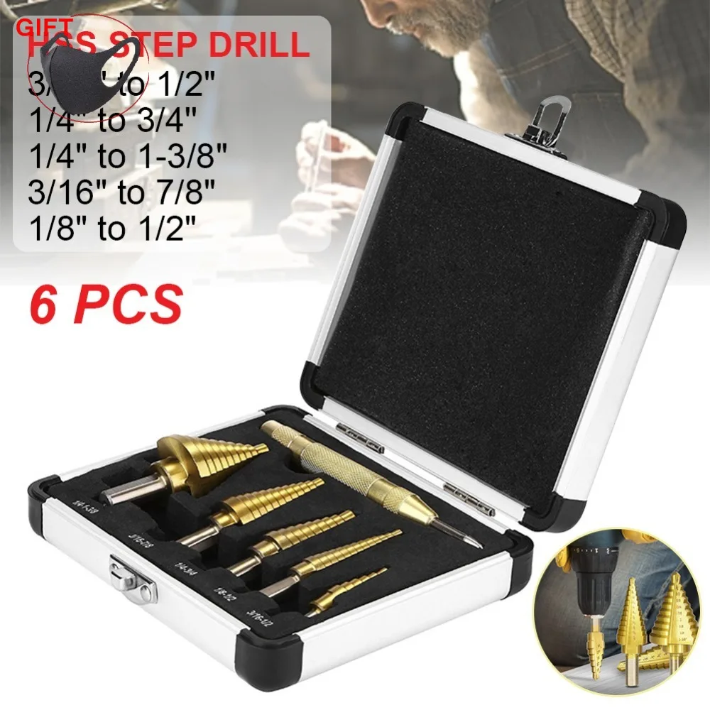 6pcs HSS Titanium High Speed Steel Cobalt Step Drill Hot Sale High Speed Steel Drill Bit Set Center Punch for Accurate Locator