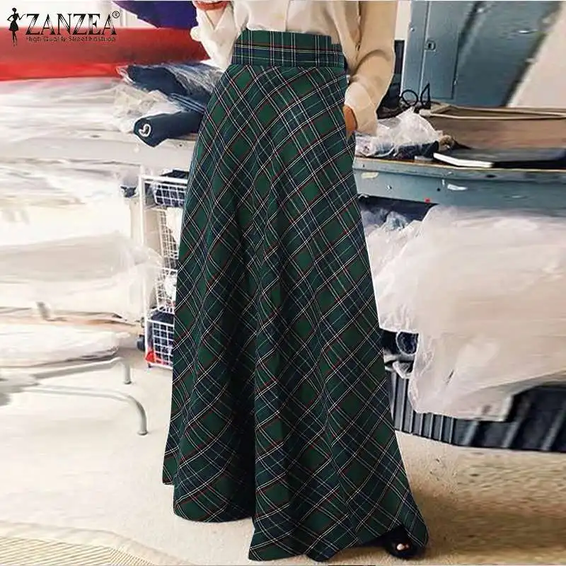 

Oversize 2022 Fashion Gri Printed Skirt Women Elegant Checked Zipper Jupe Sundress ZANZEA Party Plaid Kaftan Female Holiday Robe