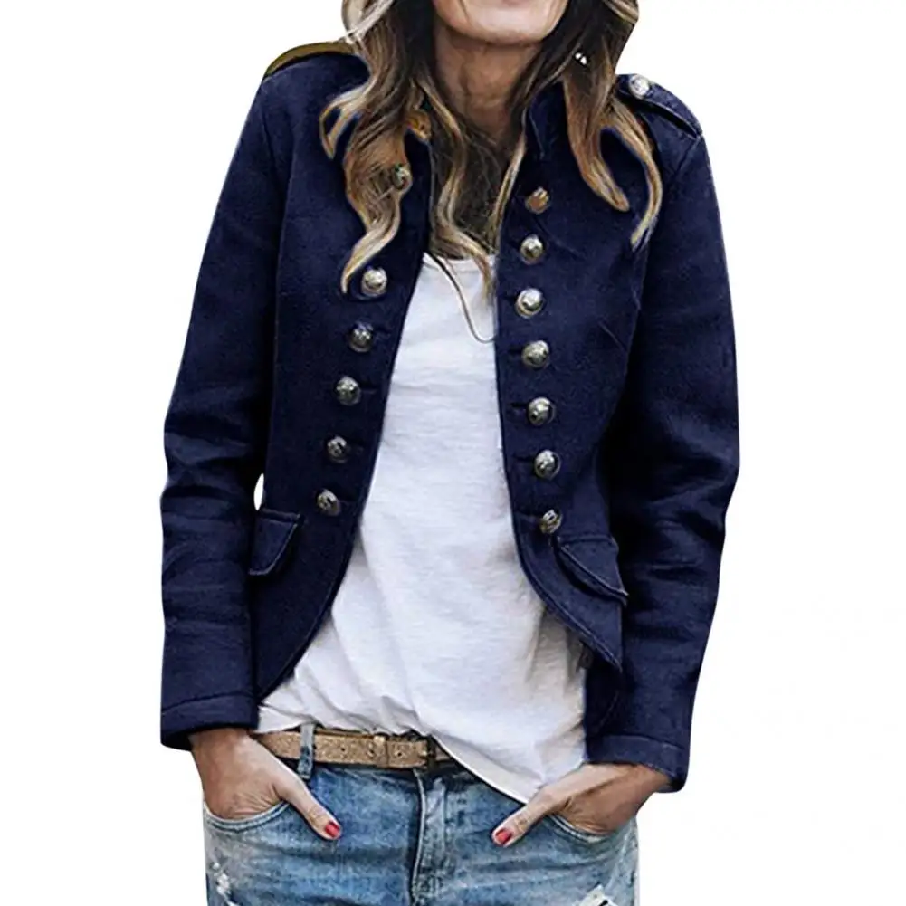 

Classic Women Coat Flap Pockets Decor Chic Retro Jacket Stand Collar Solid Color Woolen Short Coat