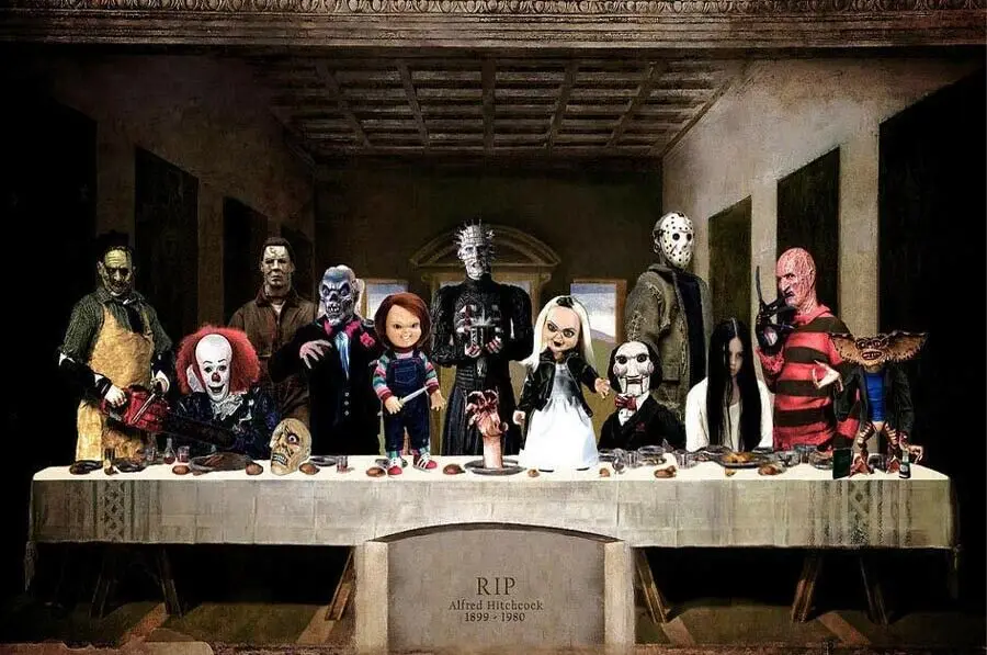 Последний супер ужасов фильм персонажи коллаж шелковая ткань наклейка яркий