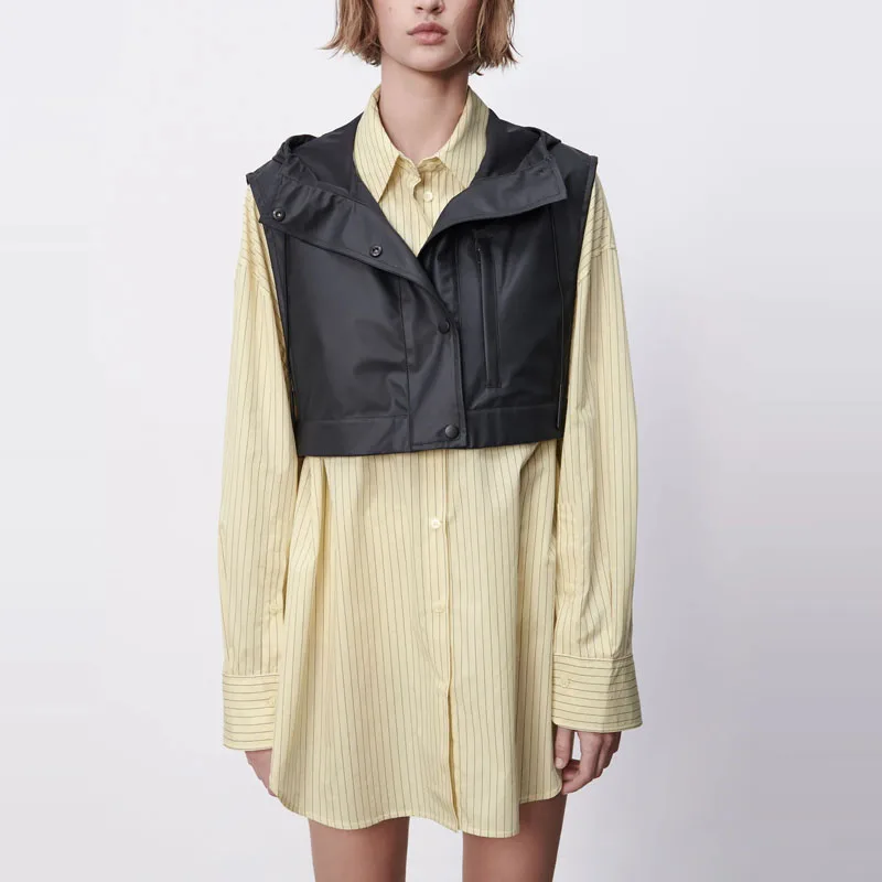 

Женская длинная рубашка в полоску ZA, желтая свободная плиссированная блузка с длинным рукавом и передним накладным карманом, 2021