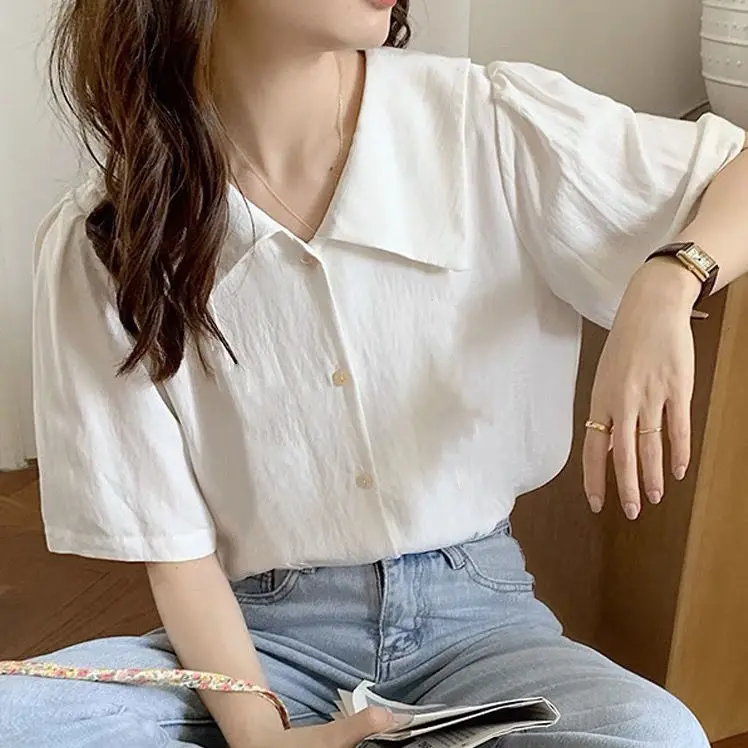 

Women's Chiffon Blouse New 2021 Solid Short Sleeve Design Sense Temperament Vintage V Neck Professional Female Loose Casual Tops