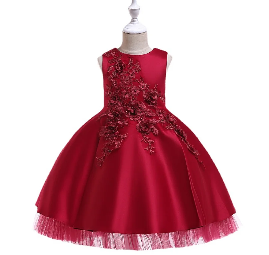 

2022 New Children's Flower Girl Dress Princess Applique Satin Fabric Birthday Catwalk Wedding Evening Dress Party Cute
