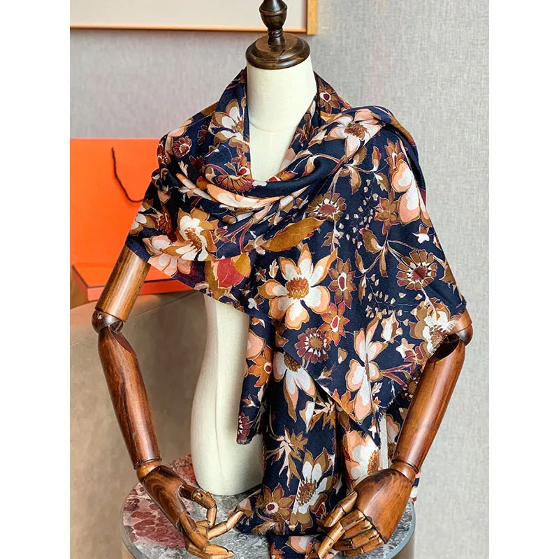Floral Print 100% Cashmere Scarf Wraps Long Women Winter Elegant Warm Pashmina Scarves Shawl 200*100cm