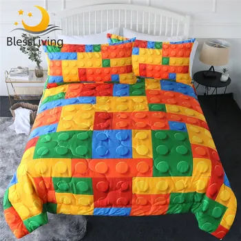 BlessLiving Toy Print Comforter Set Dot Building Blocks Bedding 3pcs Colorful Bricks Thin Duvet King Game Summer Quilt Dropship 1