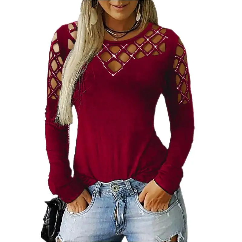 Plus Cold Shoulder Balloon Long Sleeve Top Women Hollow Rhinestone Tops Casual Solid Lady Shirts Female Size | Женская одежда