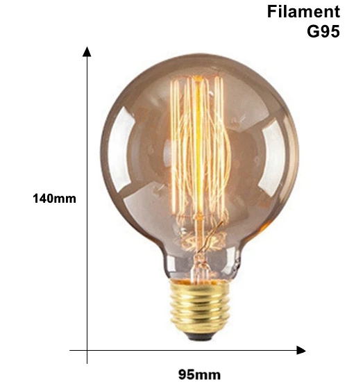 G95 Filament Винтаж Edison светильник лампочка E27 220v 40w Ретро Эдисон лампы ST64 T45 T100 T185 G80 G95 A19 нити накаливания светильник - Цвет: G95 Filament