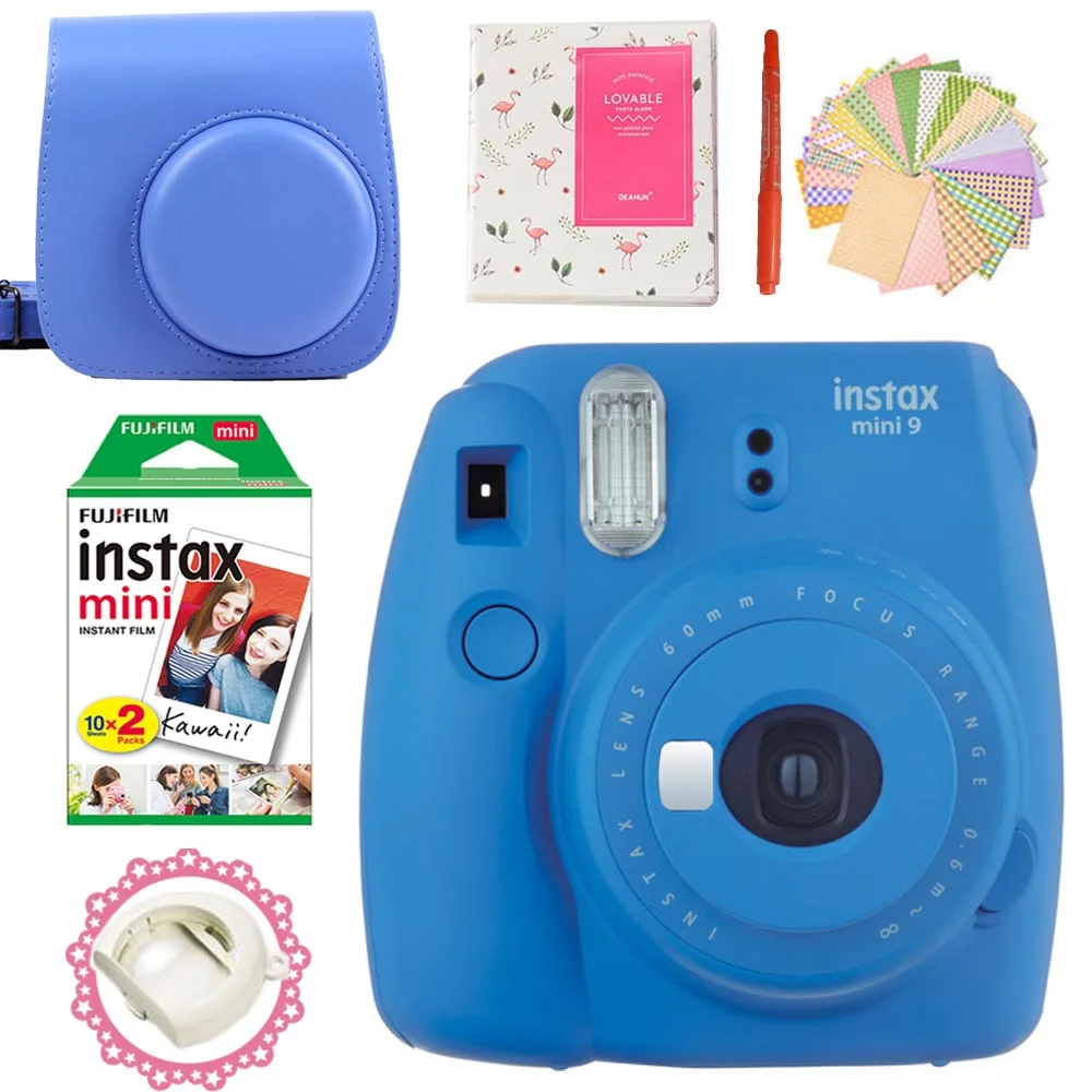 Фотокамера моментальной печати Fujifilm Instax Mini 9+ 20 снимков Instax Mini 8 белых пленок фото+ чехол для переноски/альбом/ручка/наклейки - Цвет: Cobalt Blue