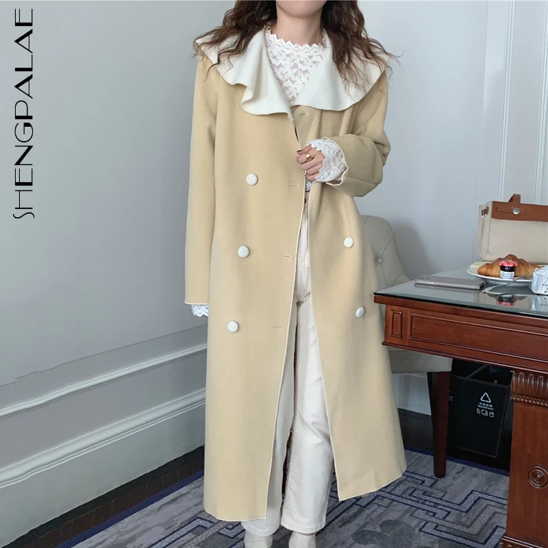 

SHENGPALAE модное шерстяное пальто подходящего цвета для женщин, новинка зимы 2021, двубортное Женское пальто с длинным рукавом и поясом с большим ...