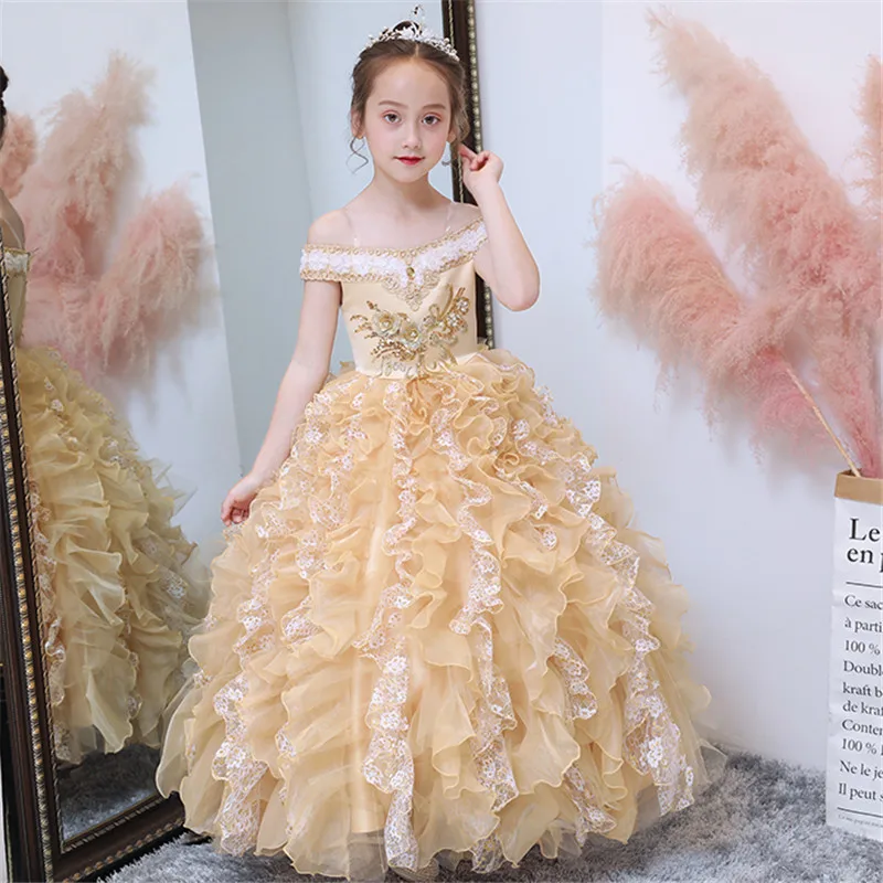 

Children Girls Golden Color Noble Luxury Shoulderless Collar Wedding Birthday Party Dress Baby Kids Host Evening Party Dresses
