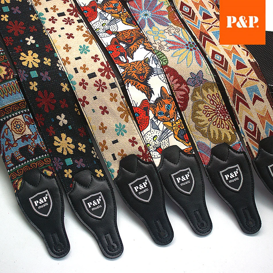 

P&P Adjustable Embroidered Cotton Guitar Strap Widening and Thickening for Electric Acoustic Folk Wooden Guitar Bass Belt