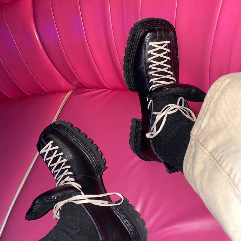 

Hot Sale Womens Lace Up Square Toe Chunky Heel Retro Wingtip Black Shoes Platform British Style Gothic Punk Japanese Harajuku