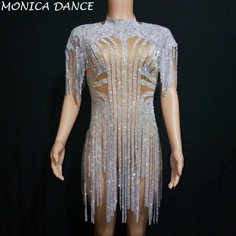 Sexy Bling Silver Rhinestones Fringes Bodysuit Birthday Celebrate Costume Female Singer Bling Tassel Leotard Stage Dance Wear