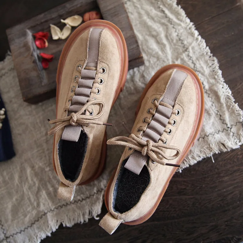 

Spring New Platform Casual Shoes Women Retro Lace Up Flat Shoes Suede Loafers Fashion Lady Shoes Black Big Size Shoes Female