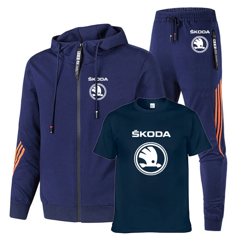 

Men's suits Skoda Car Logo Printed Spring Autumn high quality Solid color stripe cotton Men's sweatshirt+sports pants 3-piece se