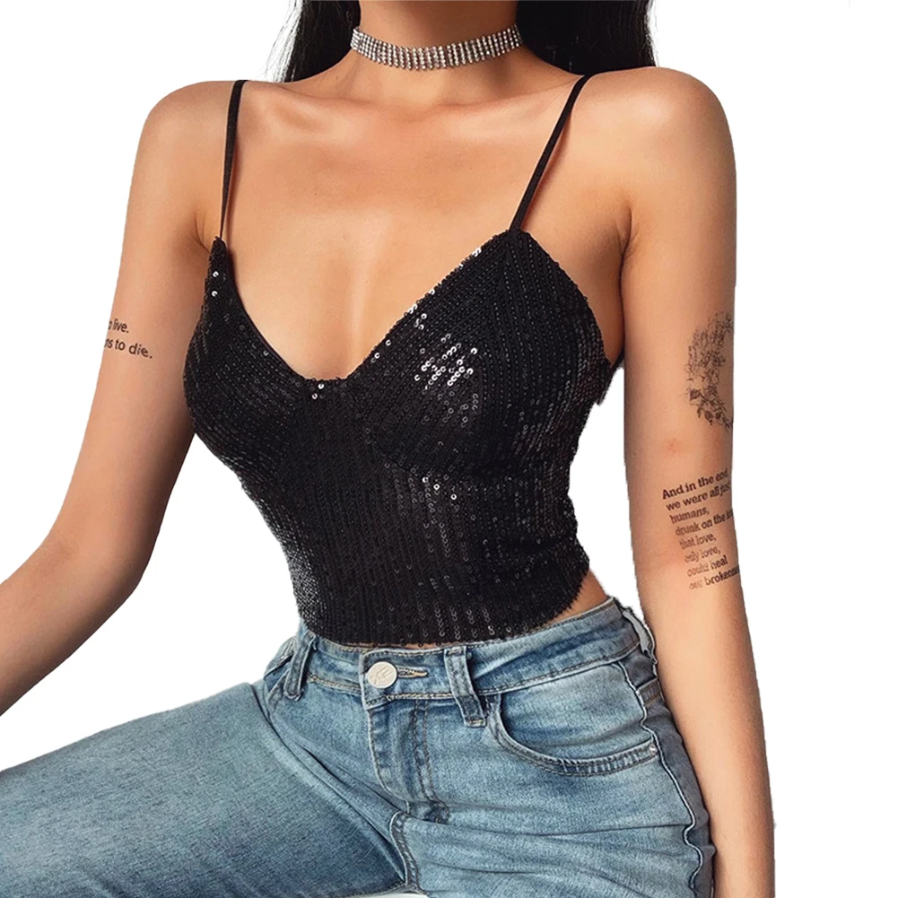 Новый женский жилет с блестками на бретельках однотонный топ глубоким v-образным