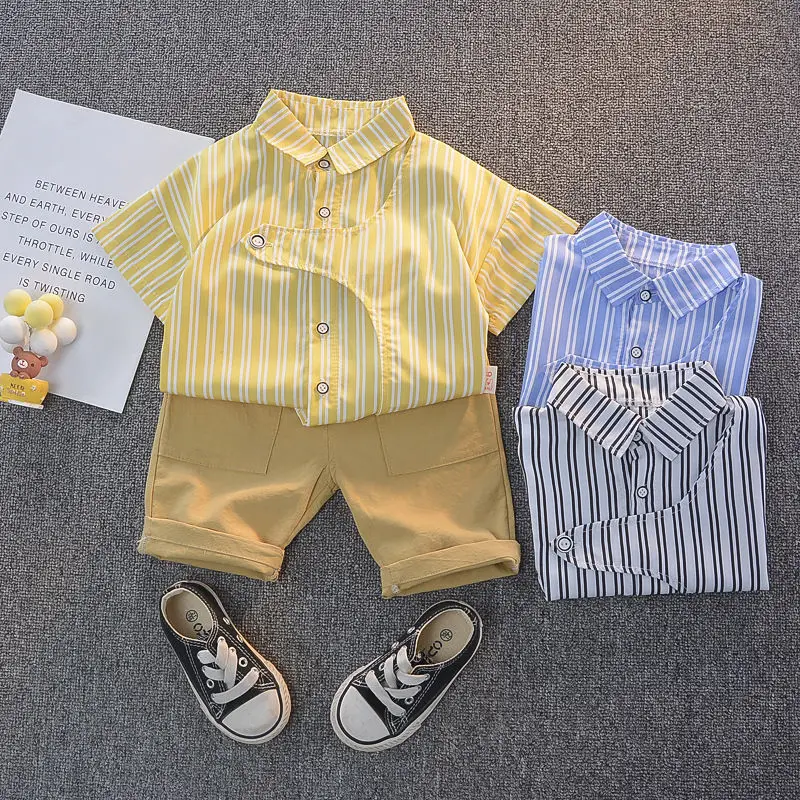 

Новинка, комплект детской одежды в полоску, рубашка + шорты, 2 шт., детская одежда, повседневная детская одежда для мальчиков, комплекты семей...