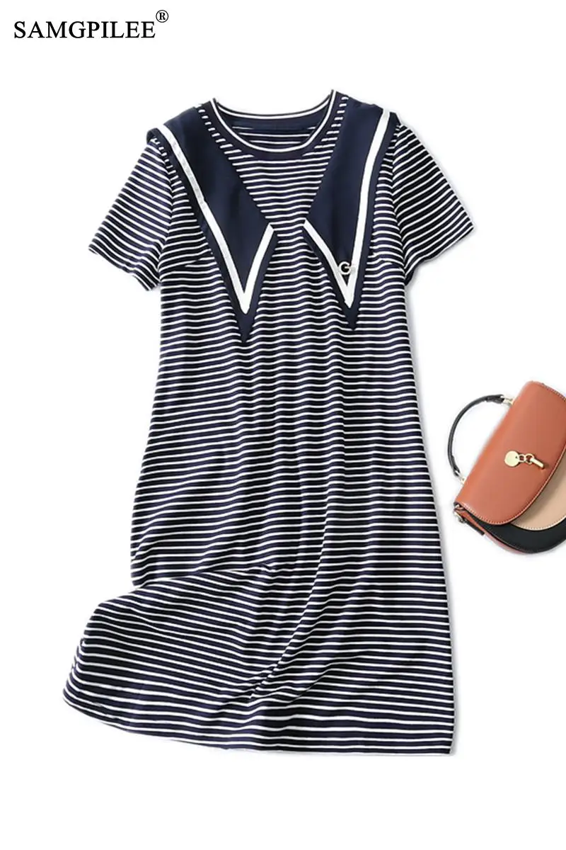 

Summer Dresses For Women 2021 New College Style Striped Sweet Youth Short Sleeve Knee Length Plus Size Woman Clothing 4XL