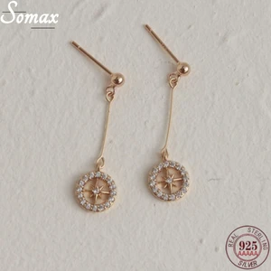 925 Sterling Silver Pavé Crystal 14K Gold-plated Stud Earrings Female Niche Temperament Long Earrings Round Star Party Jewelry
