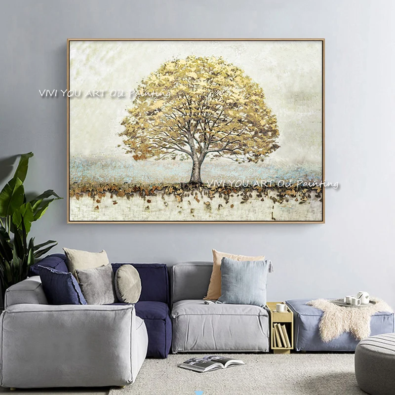 

The Professional Handmade Yellow Big Tree Abstract Modern Oil Painting On Canvas Handpainted Wall White Art Pictures Nature View