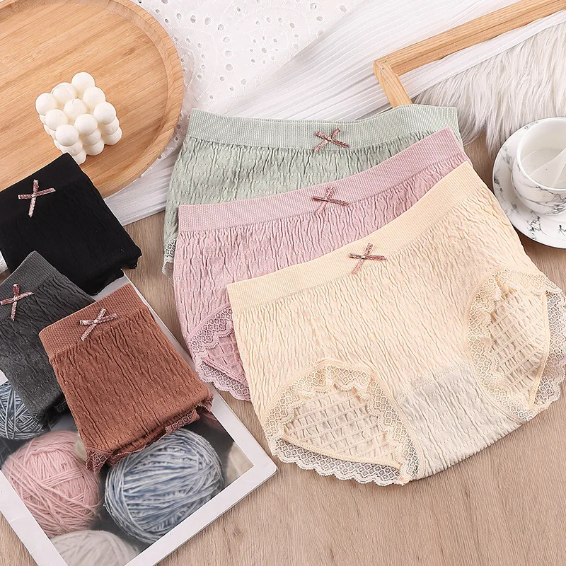 

Sexy Lace Bowknot Panties Girl Fashion Lingerie Tempting Briefs plus size Women's Underpant Mid waist Intimates Underwear