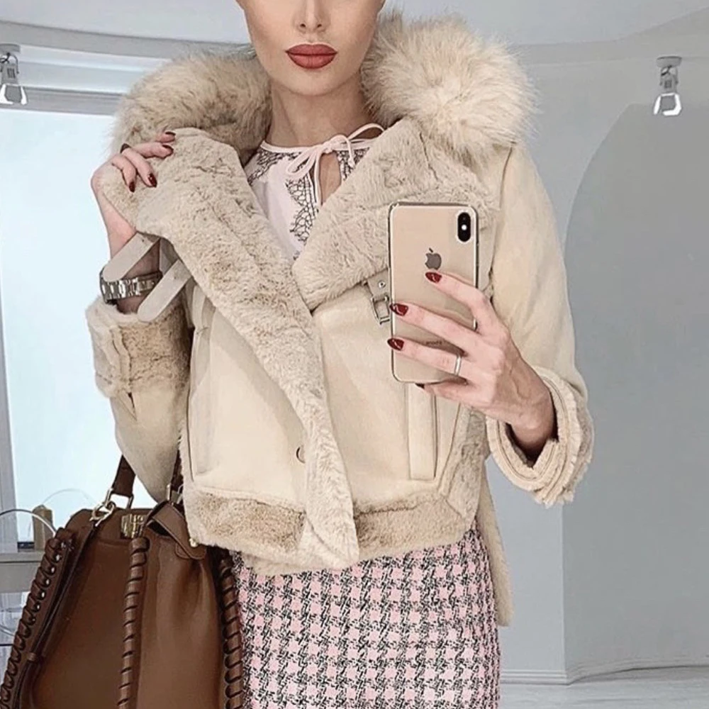 Замшевое пальто из меха ягненка Женская мотоциклетная куртка искусственного