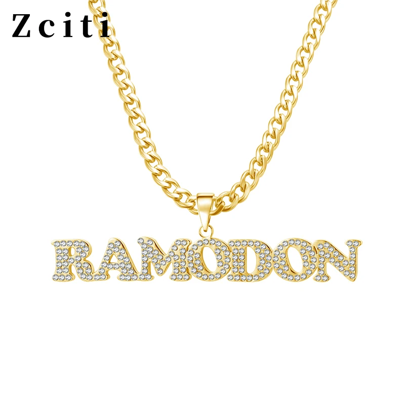 

Women Customized Name Necklace Personalized Iced Out Letter Pendant Custom Paved Rhinestones Pendant Necklace Copper Jewelry