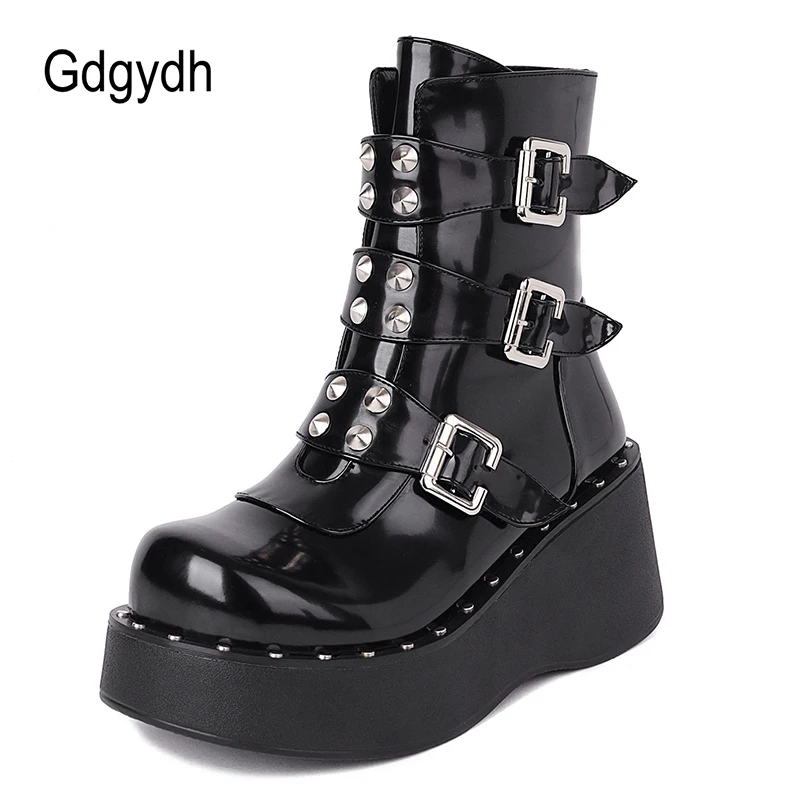 

Gdgydh Gothic Shoes For Girls 2021 Brand Designer Buckle Demonia Boots Women Punk Leather Platform Wedge Shoes Goth Big Size 43