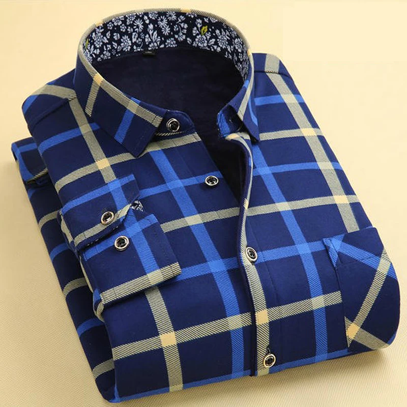 Мужская теплая рубашка в клетку повседневная утепленная деловая с длинным