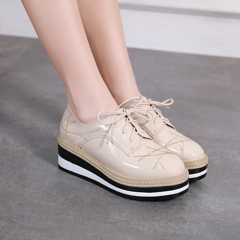 

British Style Lace Up Leather Shoes for Women Platforme Spring Autumn Wedge High Heels Shoes Woman Pumps Zapatos Mujer Oxford
