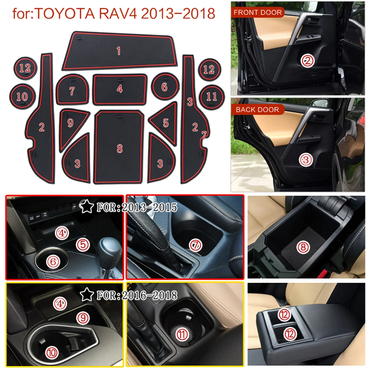 15pcs Anti-Slip Gate Slot Mat for Toyota RAV4 2013-2018 Rubber Coaster Accessories RAV 4 2013 2014 2015 2016 2017 2018 | Автомобили и