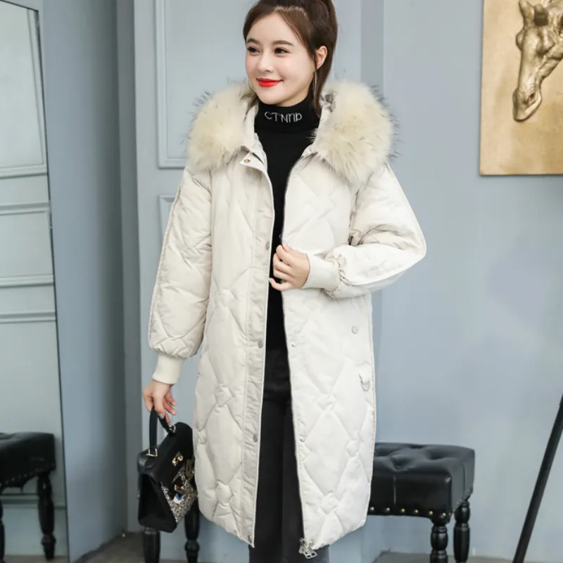 

Зимнее пуховое пальто с меховым воротником и капюшоном, длинная теплая Женская куртка с хлопковой подкладкой, Толстая теплая парка, верхняя...
