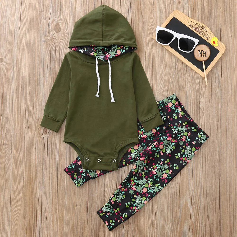 Baby Boy Clothes Newborn Girls Long Sleeve Hooded Romper+Floral Print Pants Clothing Set Ubrania Dla Niemowląt | Детская одежда и