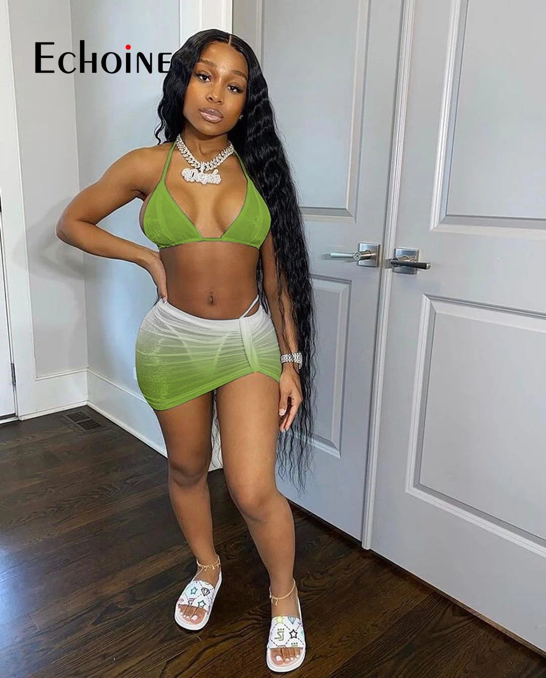 Купальник бикини женский градиентный с коротким топом и мини юбкой|Купальники| |