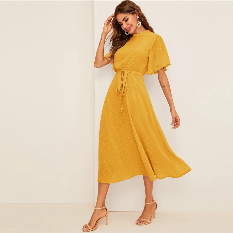 SHEIN платье с рукавами-крылышками в швейцарский горошек с поясом элегантное розовое Пастельное однотонное женское платье со стоячим воротником ТРАПЕЦИЕВИДНОЕ ПЛАТЬЕ С полурукавом