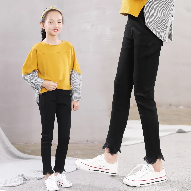 Черные джинсы осенние Студенческие карандаши для девочек штаны с высокой талией