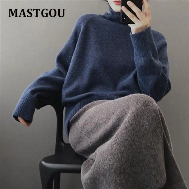 MASTGOU Oversized Winter Thick Sweater Women Knitted Cashmere Pullover Sweater Long Sleeve Turtleneck Loose Jumper Warm Pull