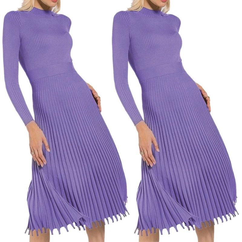 

2X Elegant Pleated Sweater Mid-Length Dress For Women Winter Autumn Office Knitted Sexy Slim Dress Purple M & L