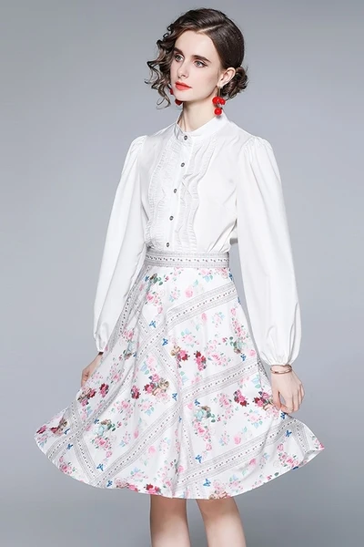 

2021 Summer Elegant Women White Ruffles Stand Collar Lantern Sleeve Shirts Top +Hight Waist Print Skirt Set Office 2 Pieces Suit
