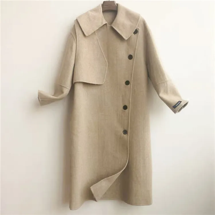 

Korean Winter 2019 Fashion Double-sided Single Button 100% Wool Loose Plus Size X-Long Coat Women Handmade Woolen Overcoat